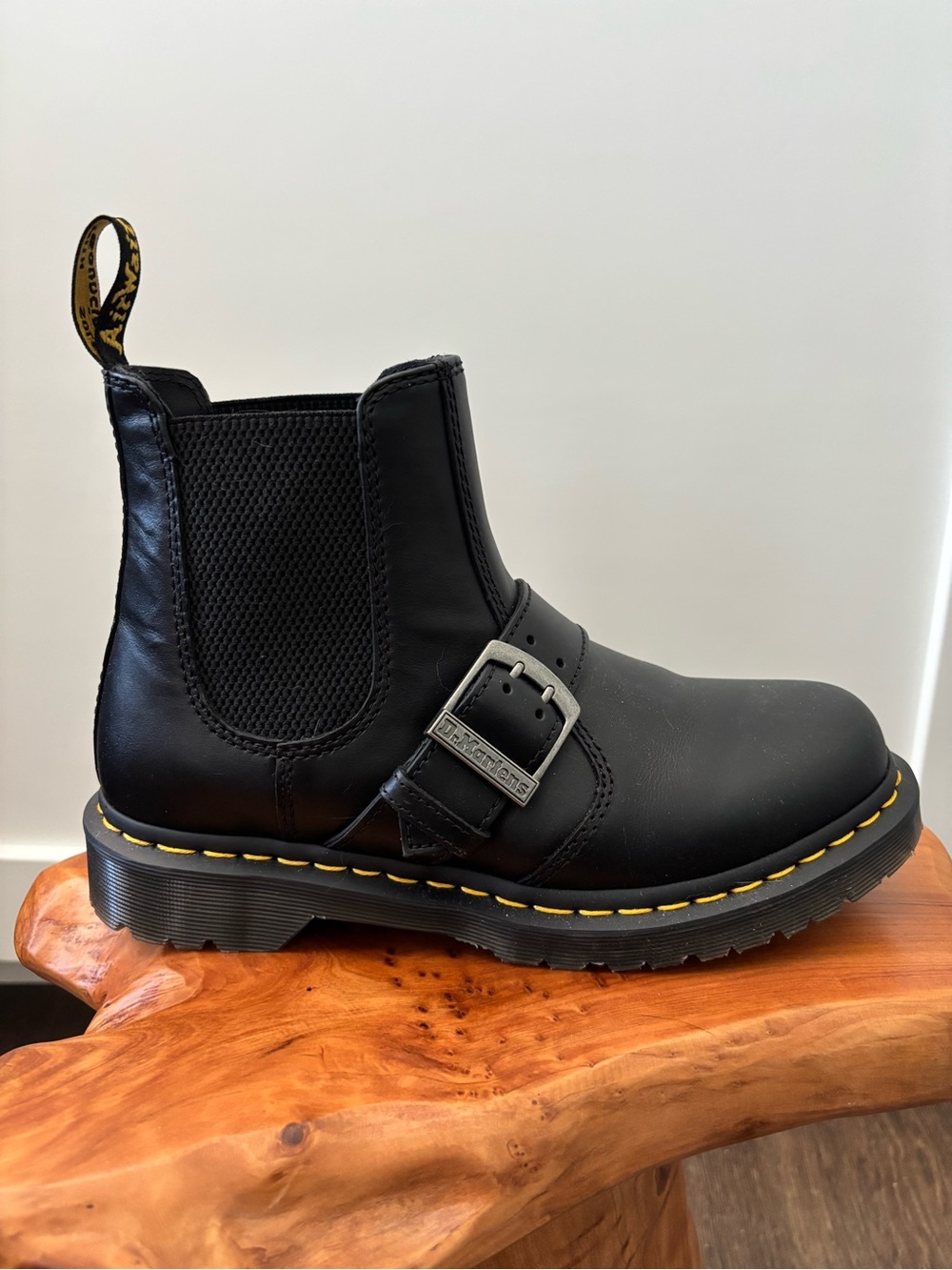 Dr. Martens Women’s Black Leather Chelsea Boot with Buckle, Yellow Stitching | 8
